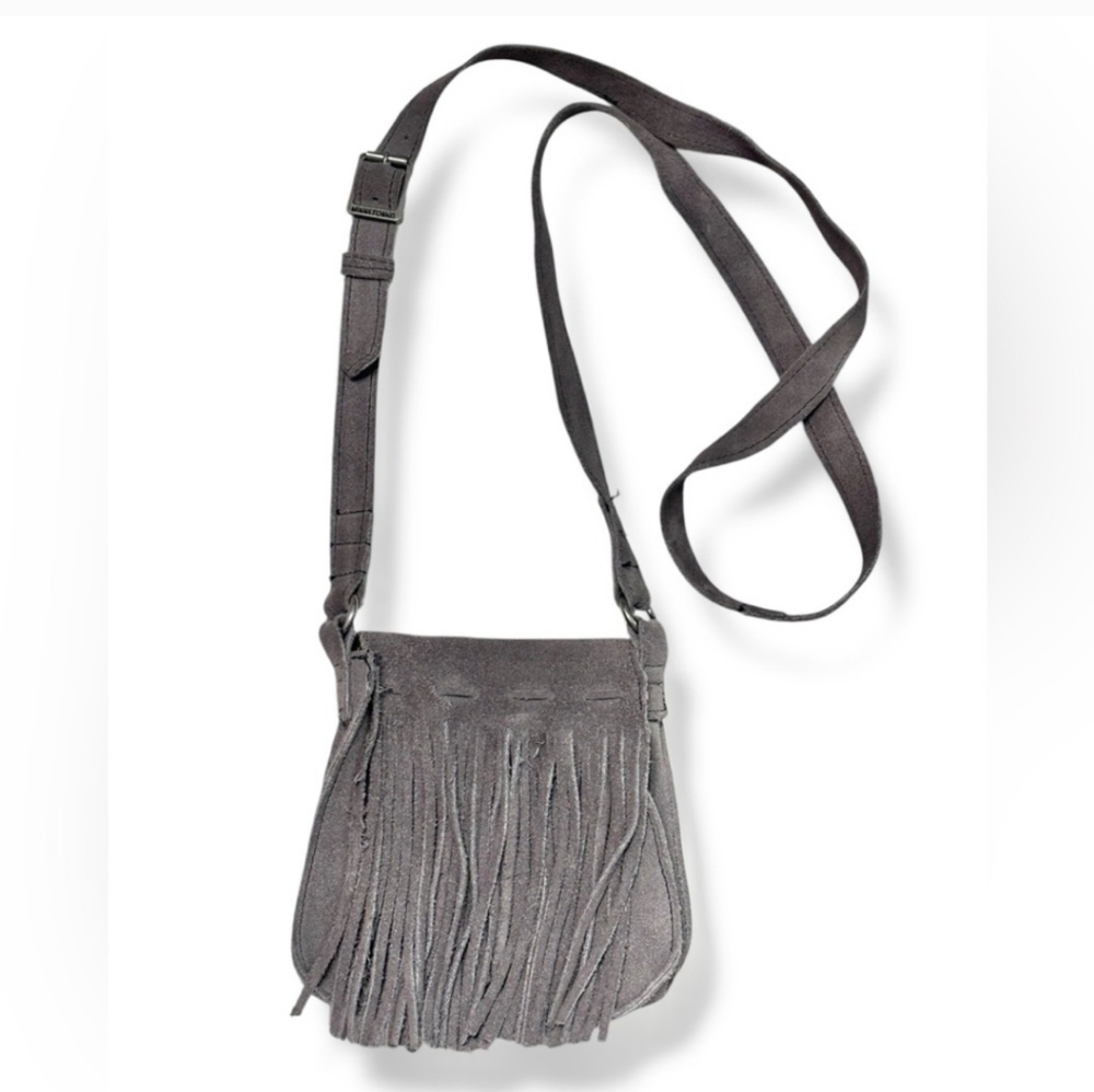 MINNETONKA Grey Suede Crossbody Fringe Flap Adjustable Strap